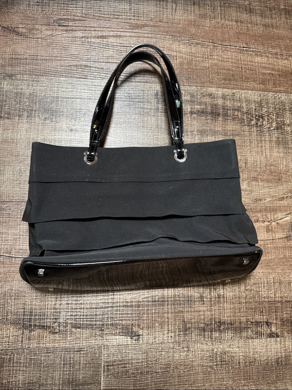 Vintage Salvatore Ferragamo Black Canvas & Patent Leather Tote